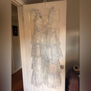 Tiered Floral Chiffon Maxi Dress in Pale Blue and White